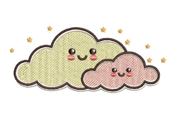 Cute Smiling Cloud Duo with Stars Embroidery Design
